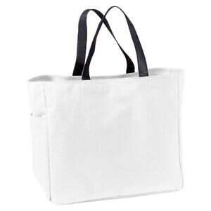 PORT AUTHORITY POLYESTER WHITE TOTE WITH SIDE POCKET AND BLACK NYLON HANDLES